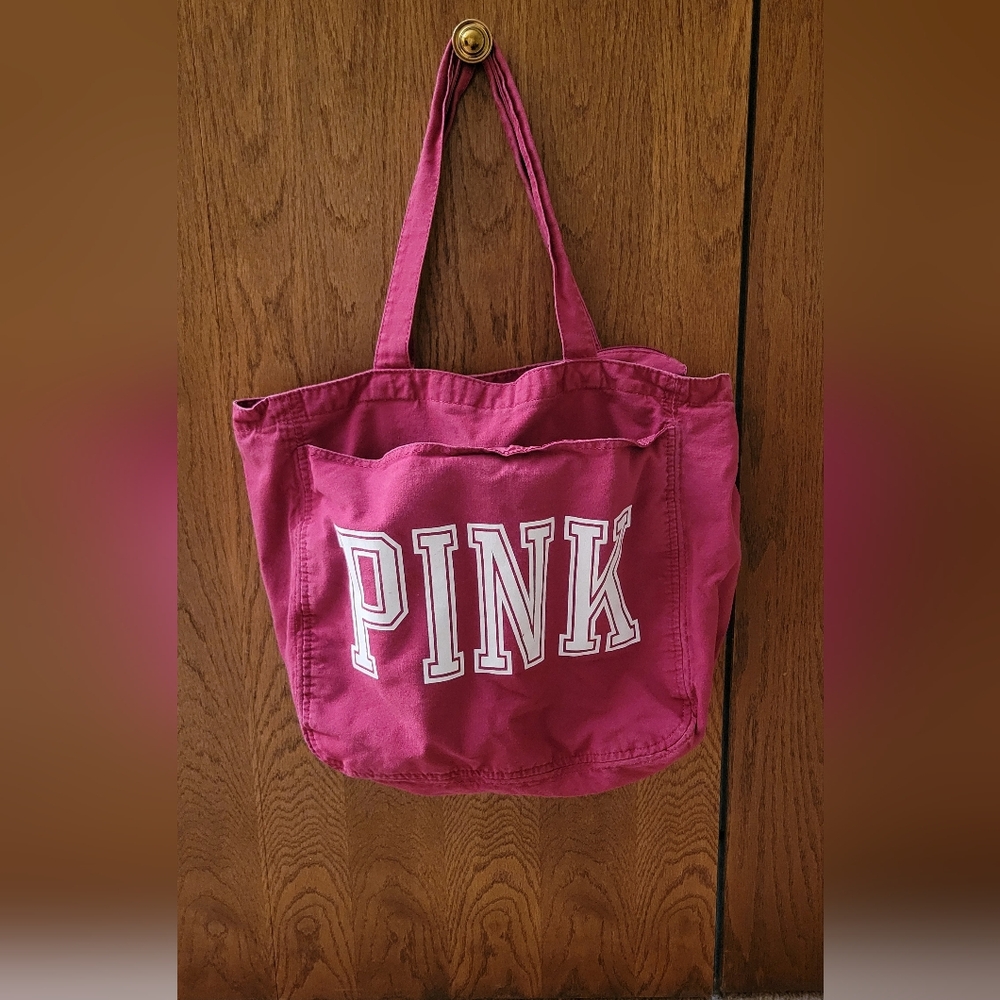 PINK Victoria's Secret Hot Pink Canvas Tote with White Logo